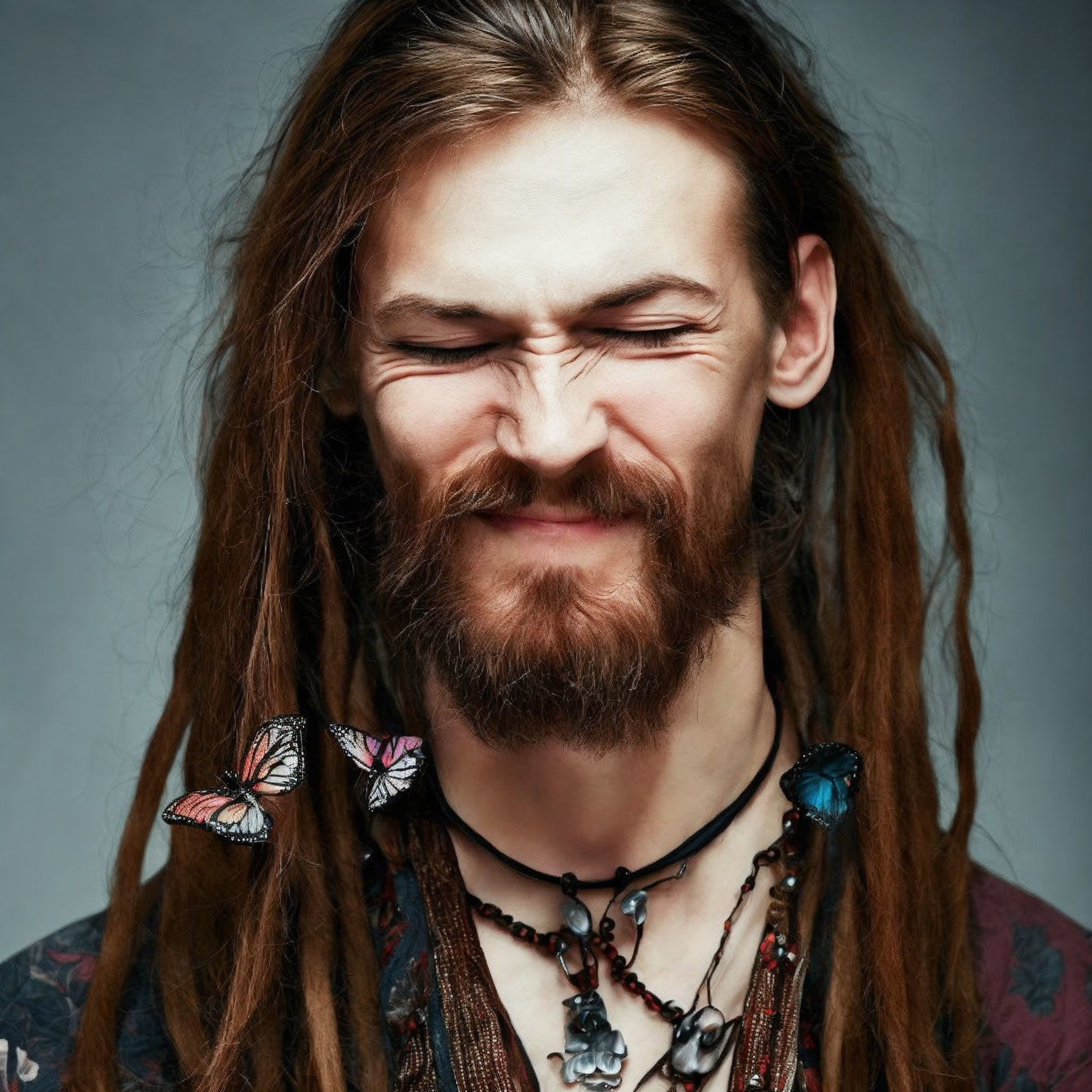 Bearded man with long dreadlocks and butterfly accessory on gray background