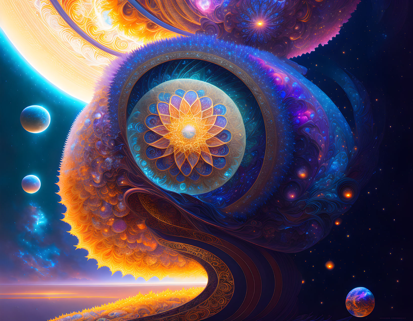 Fractal-inspired cosmic scene with spiral pattern and celestial bodies