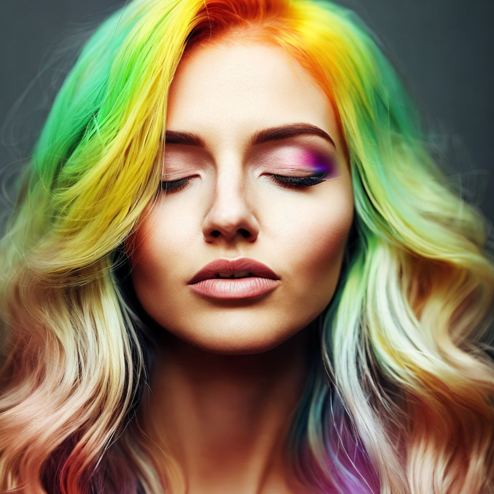 Woman with Closed Eyes Featuring Vibrant Rainbow Hair & Colorful Eye Makeup