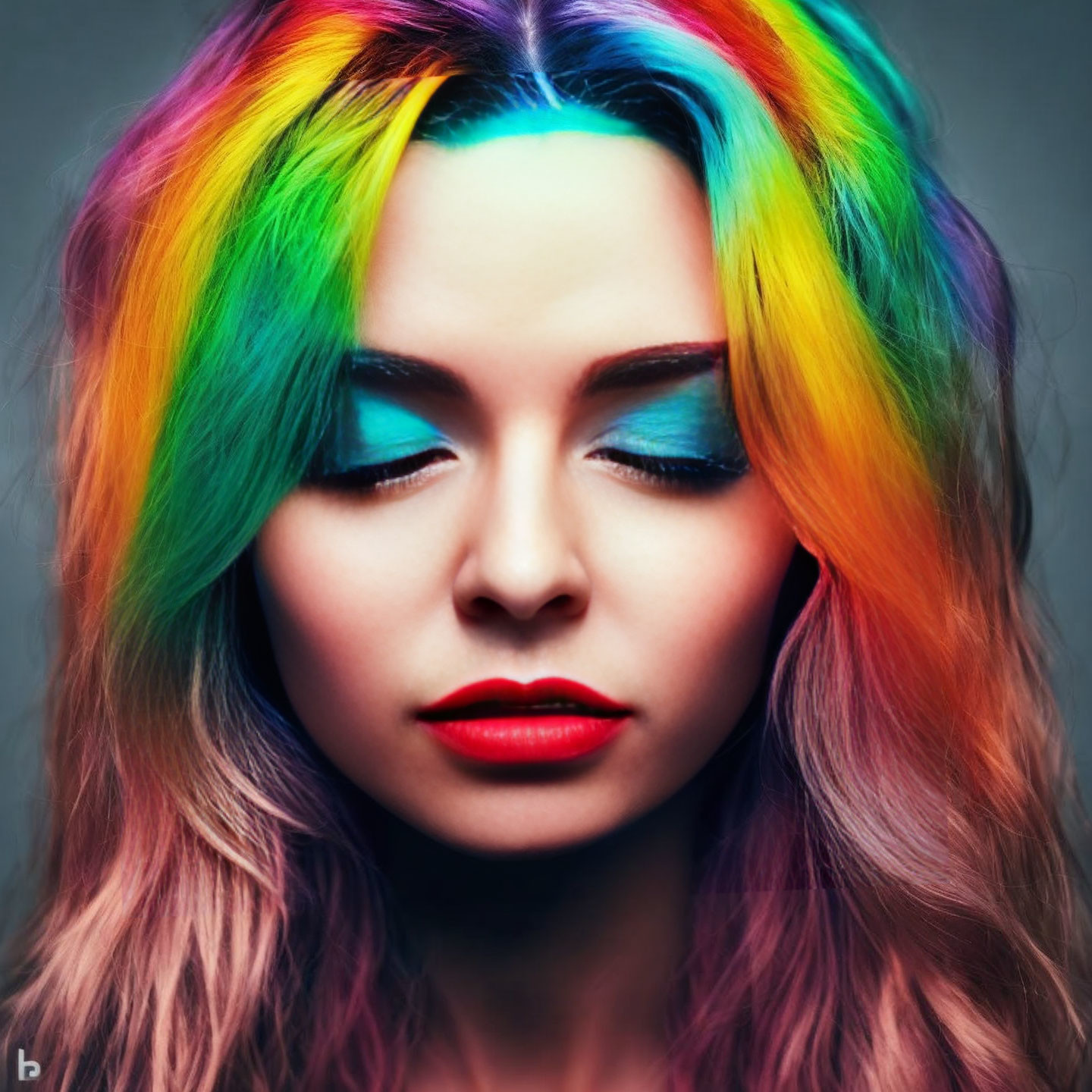 Portrait of a Woman with Rainbow-Colored Hair and Bold Makeup