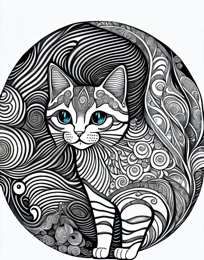 Detailed black and white cat illustration with swirling patterns in circular frame