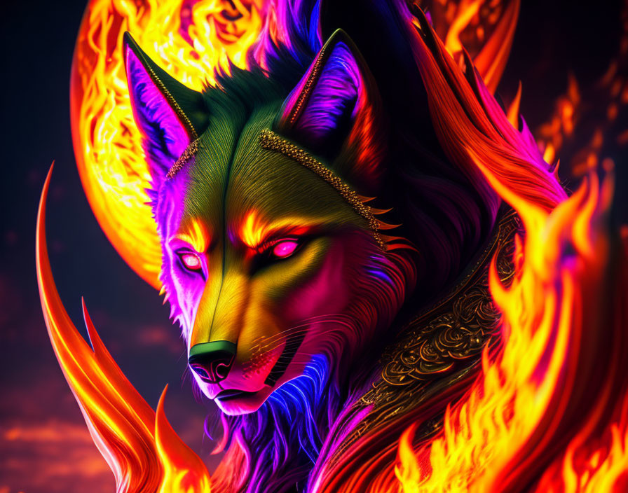 Colorful Wolf with Fiery Mane in Mystical Setting