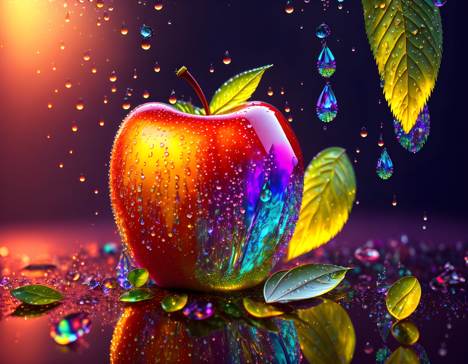 Colorful Apple with Water Droplets, Light Effects, Leaves, and Liquid Gems