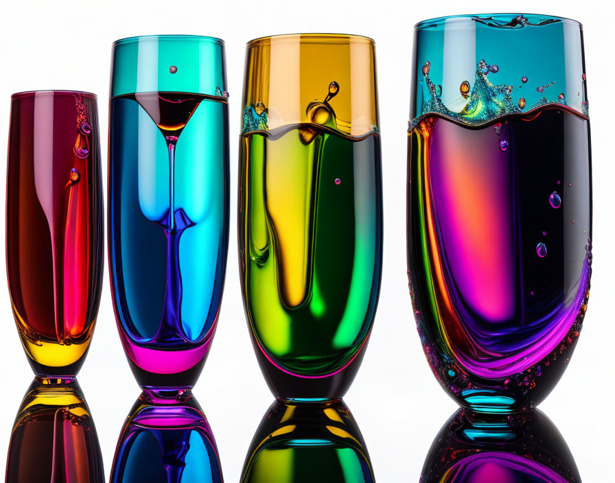 Vibrant Liquid Splashing in Colorful Glass Vases