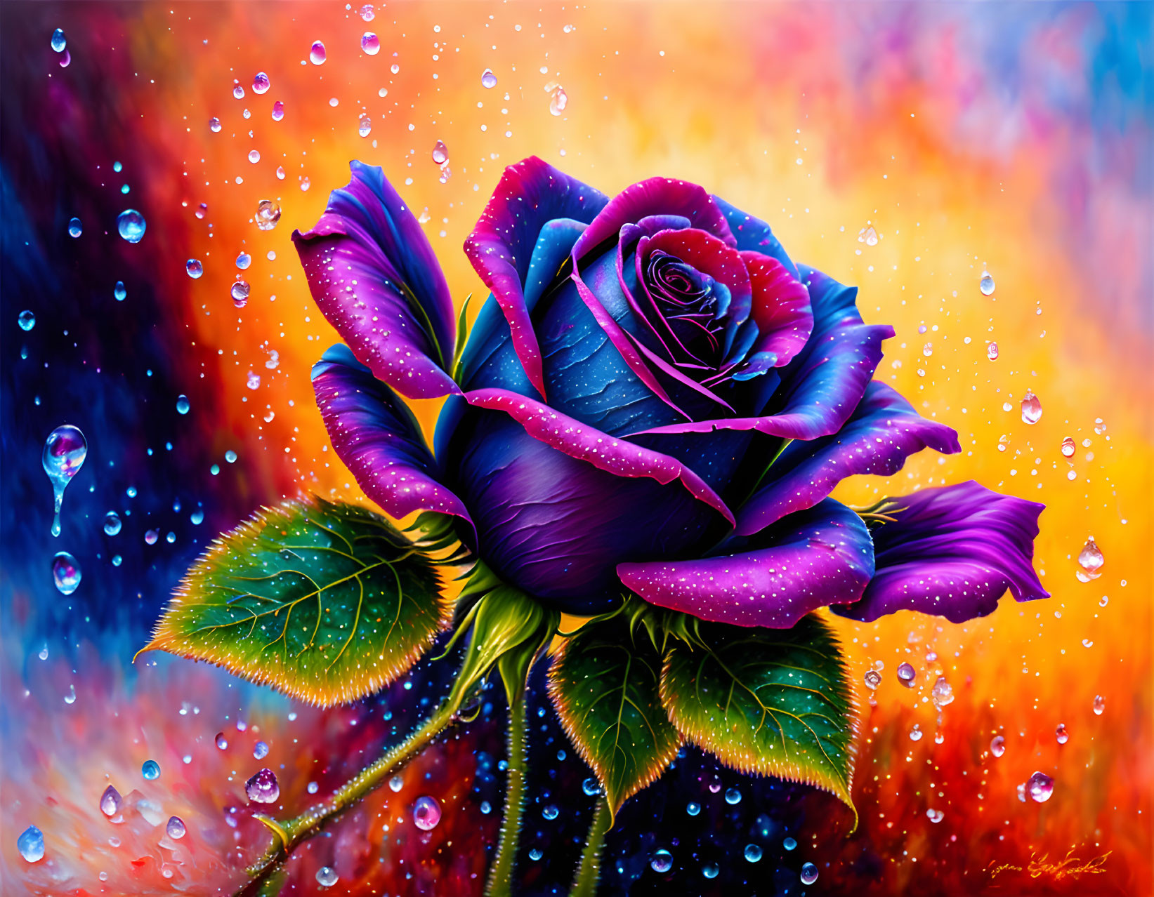 Colorful Digital Art: Blue and Purple Rose with Water Droplets on Abstract Background