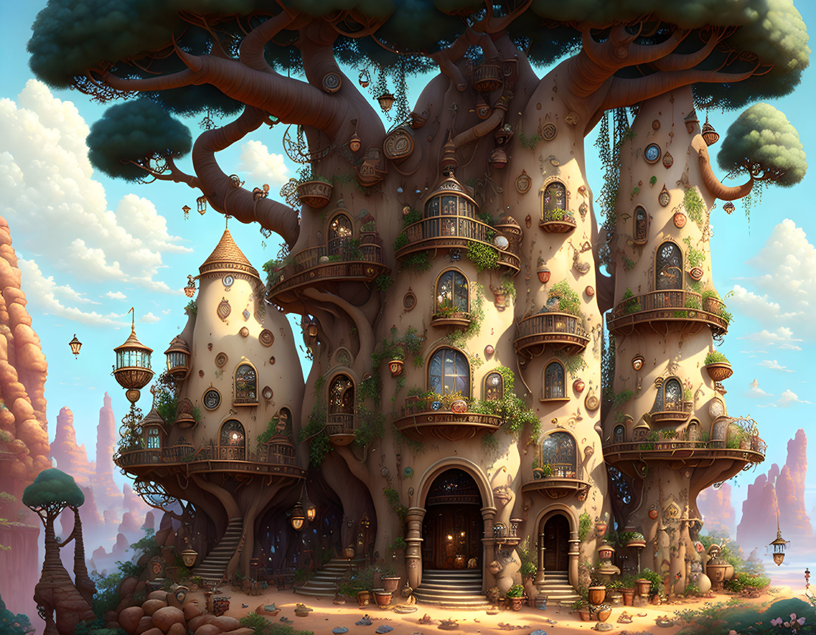 Whimsical multi-level treehouse in fantasy landscape