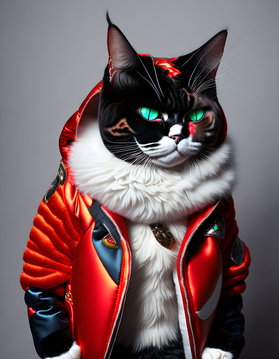 Stylized cat with human-like features in ornate red jacket