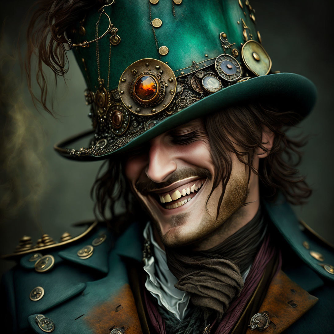 Smiling man in steampunk outfit with top hat and goggles