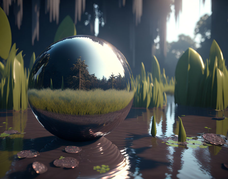 Reflective sphere on water with grass and lily pads, forest background.