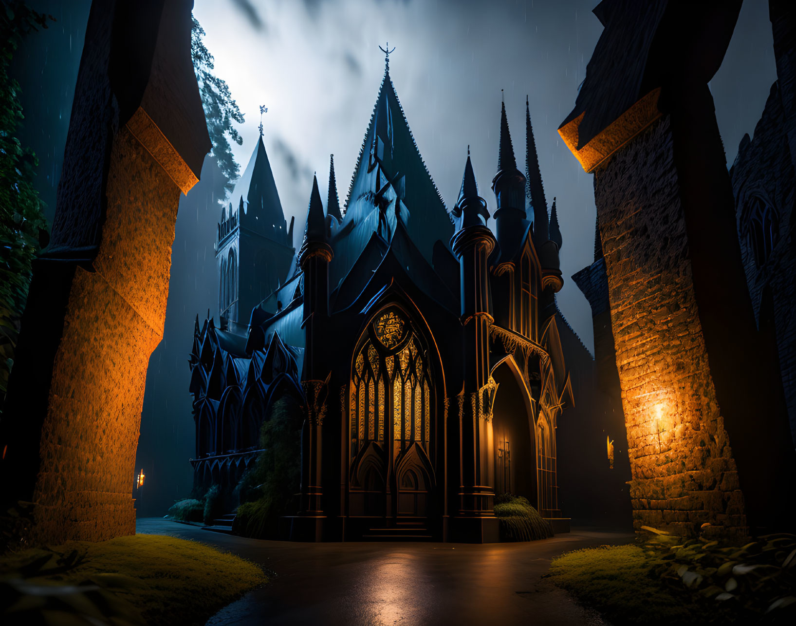 Gothic cathedral at night with warm lighting and misty ambiance