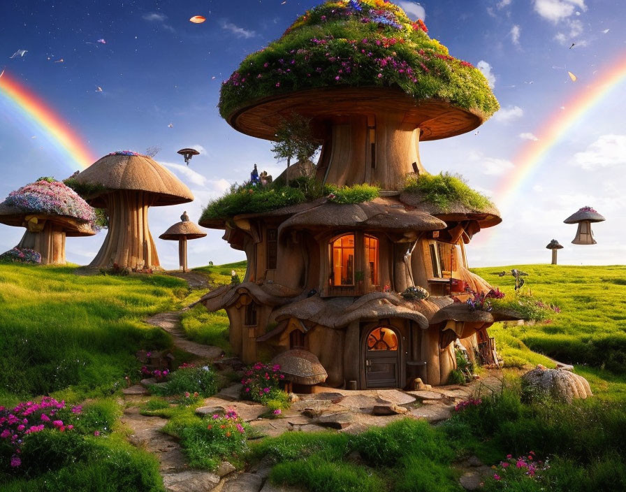 Whimsical mushroom houses in lush green landscape with rainbows