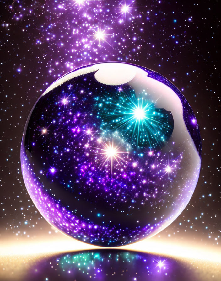 Glass Sphere Reflects Cosmic Scene with Stars and Nebulae in Purple and Blue