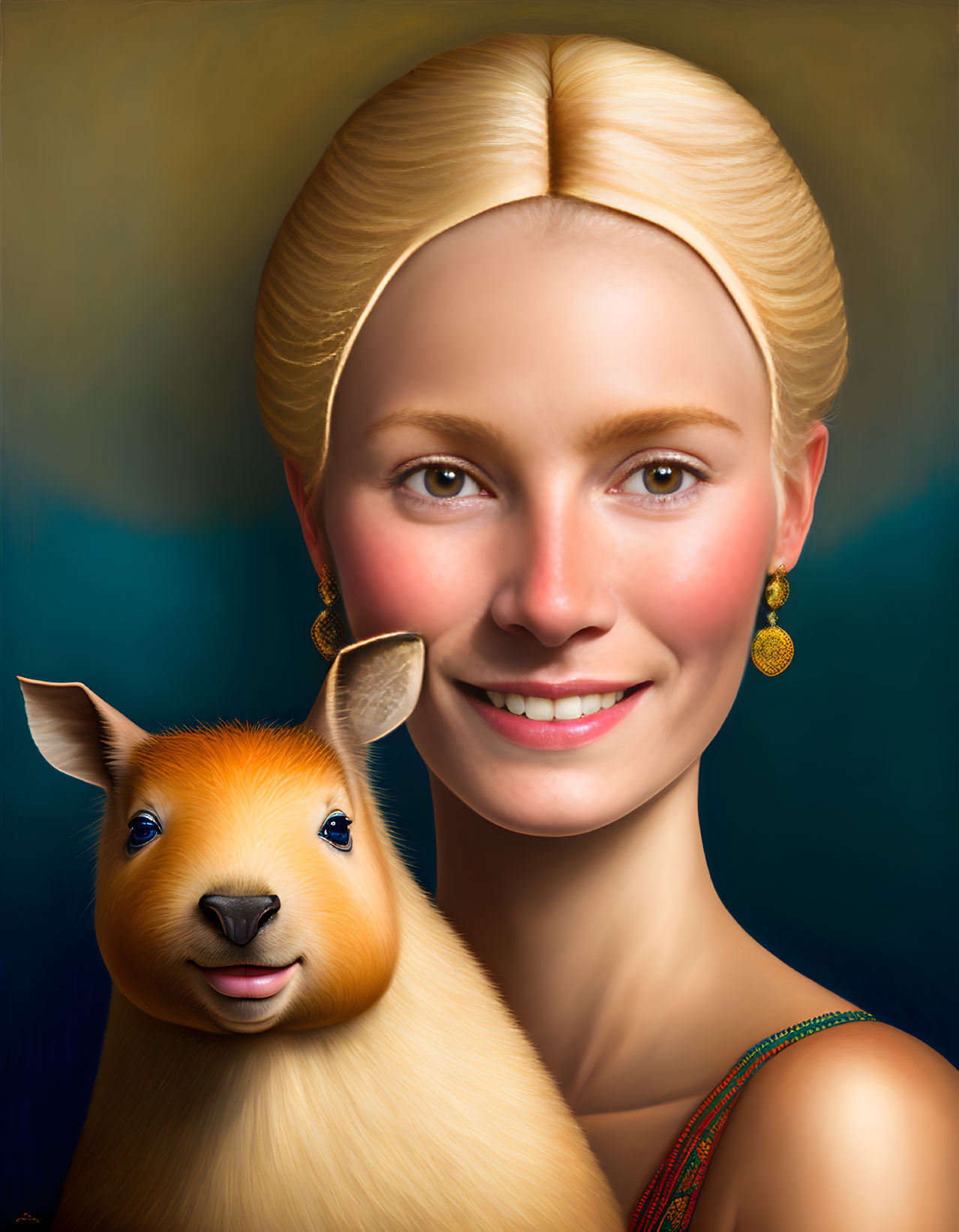 Blonde woman with golden earring beside capybara creature