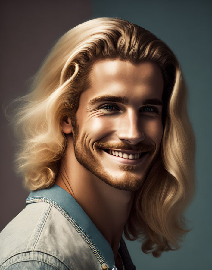 Smiling man with long blonde hair and denim shirt