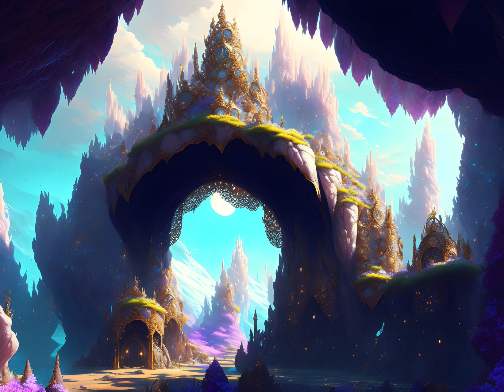 Fantasy landscape featuring ornate archway, mystical realm, colorful crystals.