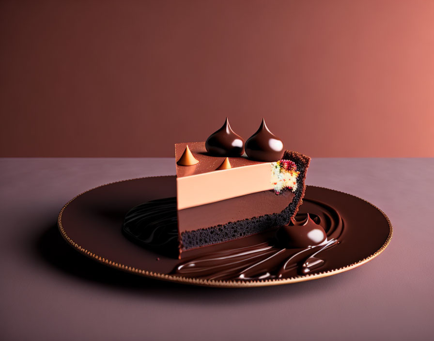 Chocolate cake slice with glossy glaze and decorative pieces on plate