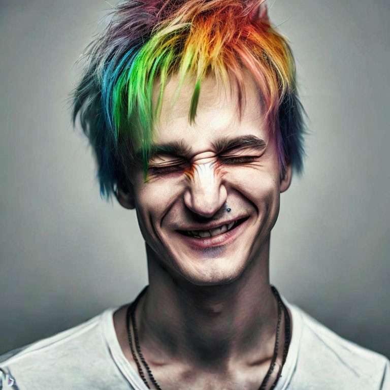 Portrait of person with closed-eye smile, multicolored hair, and nose piercing on gray backdrop