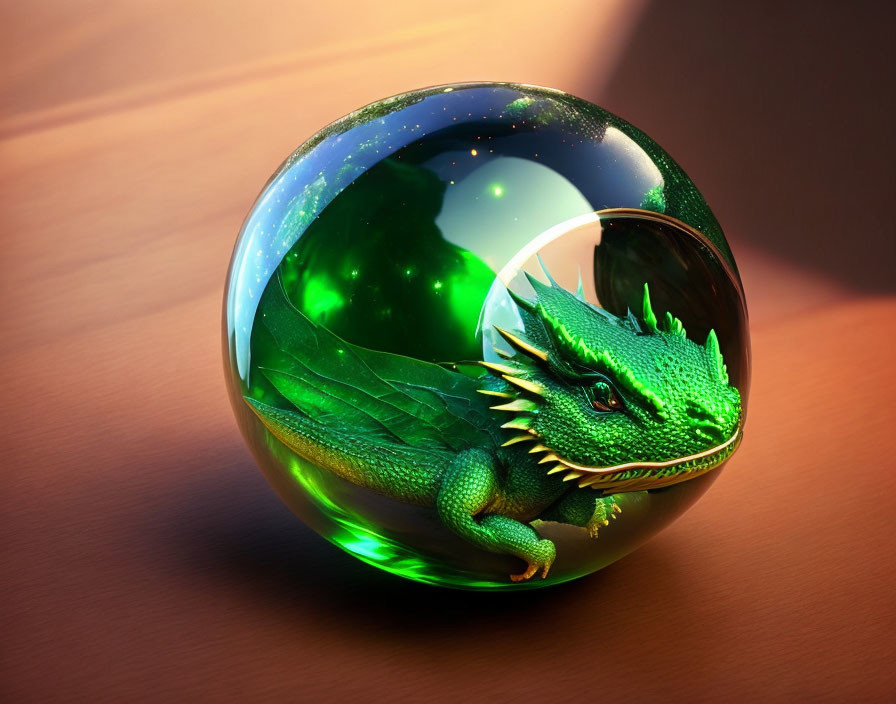 Green dragon in glass sphere on warm background