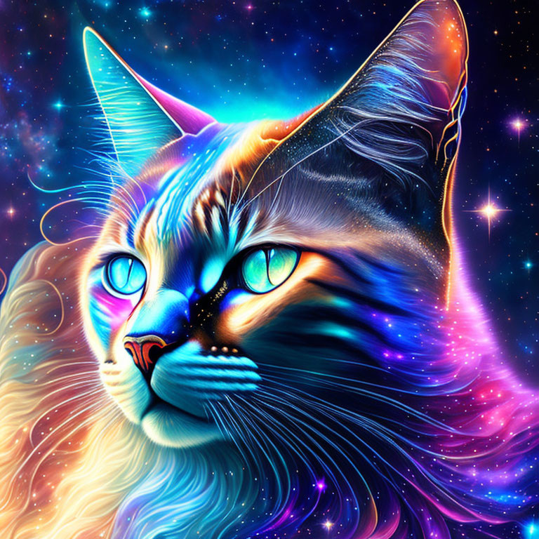 Colorful Cat Illustration with Neon Blue Eyes and Cosmic Pattern