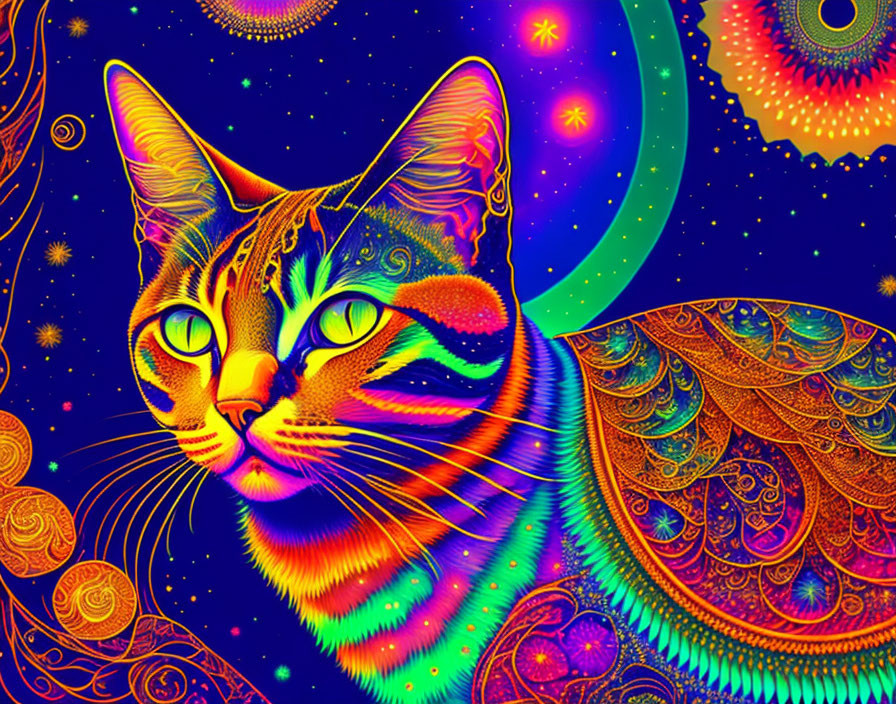 Colorful Psychedelic Cat Art Against Cosmic Background