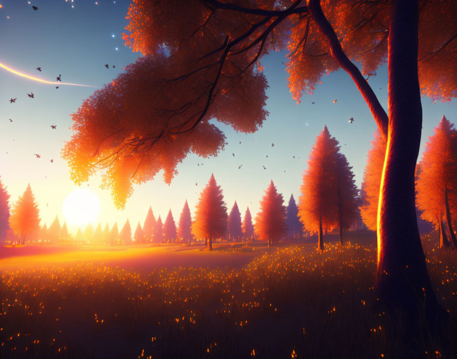 Autumn forest sunset with birds, flowers, and vibrant foliage