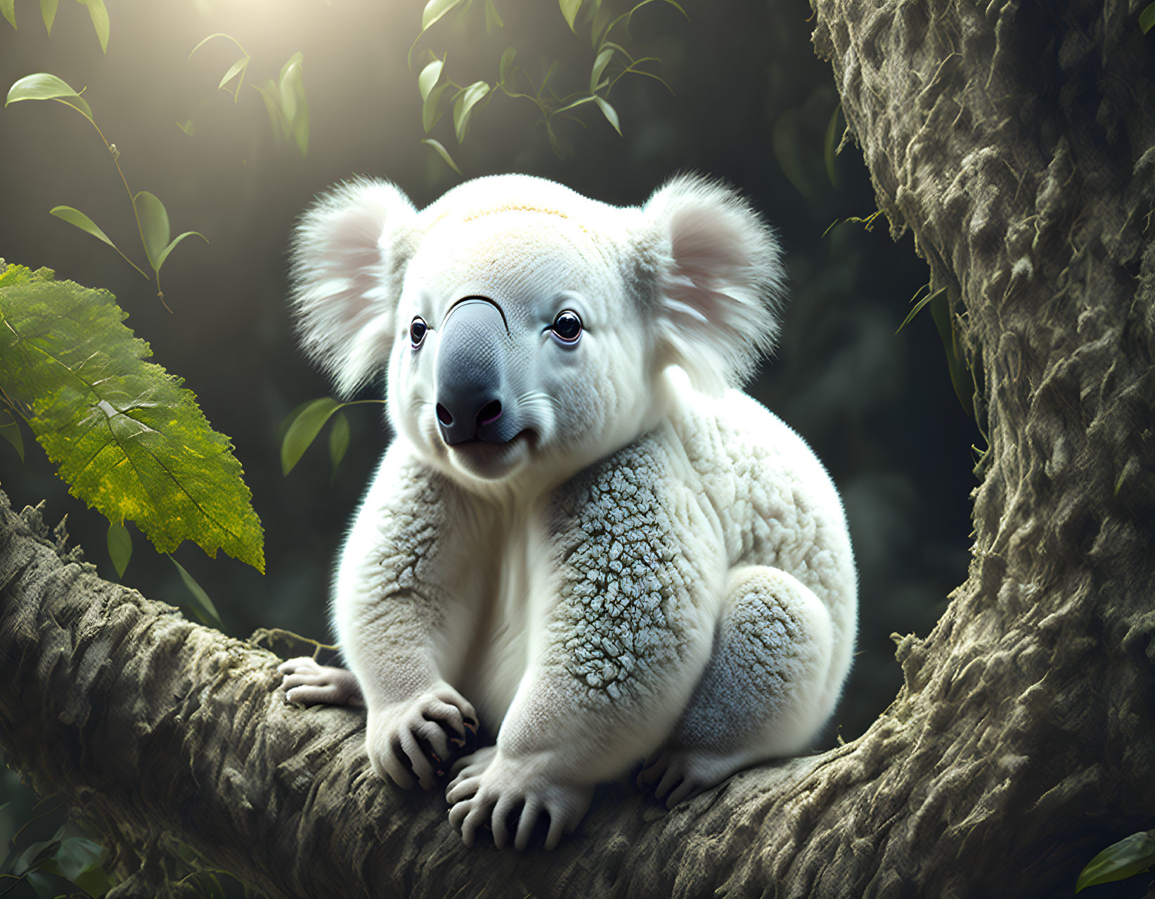 Fluffy koala on tree branch with green leaves and soft light