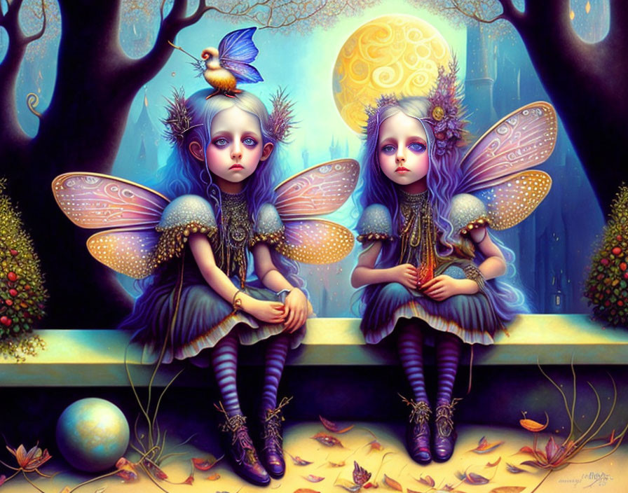 Colorful forest scene: Two whimsical fairies with large wings under moonlit sky