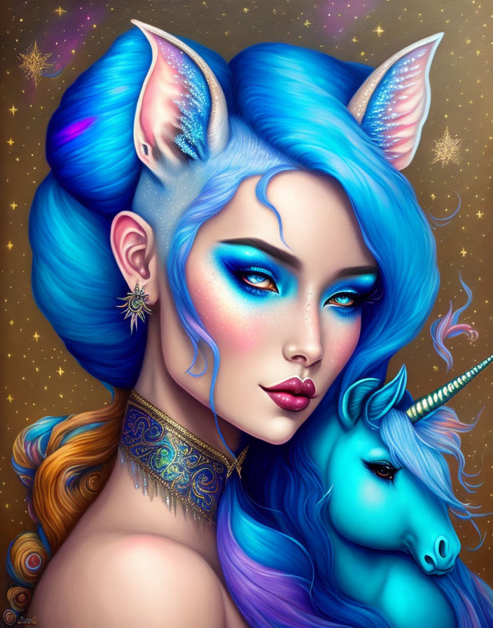 Fantasy illustration of woman with blue skin and hair, elf-like ears, and unicorn in vibrant blue