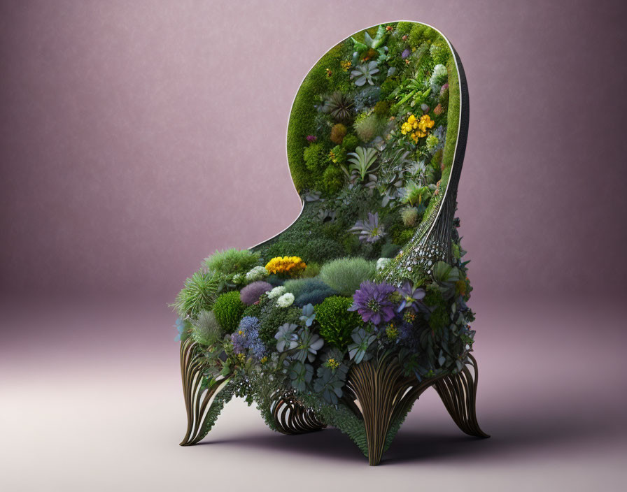 Luxurious Botanical Design Chair with Green Floral Pattern on Purple Background