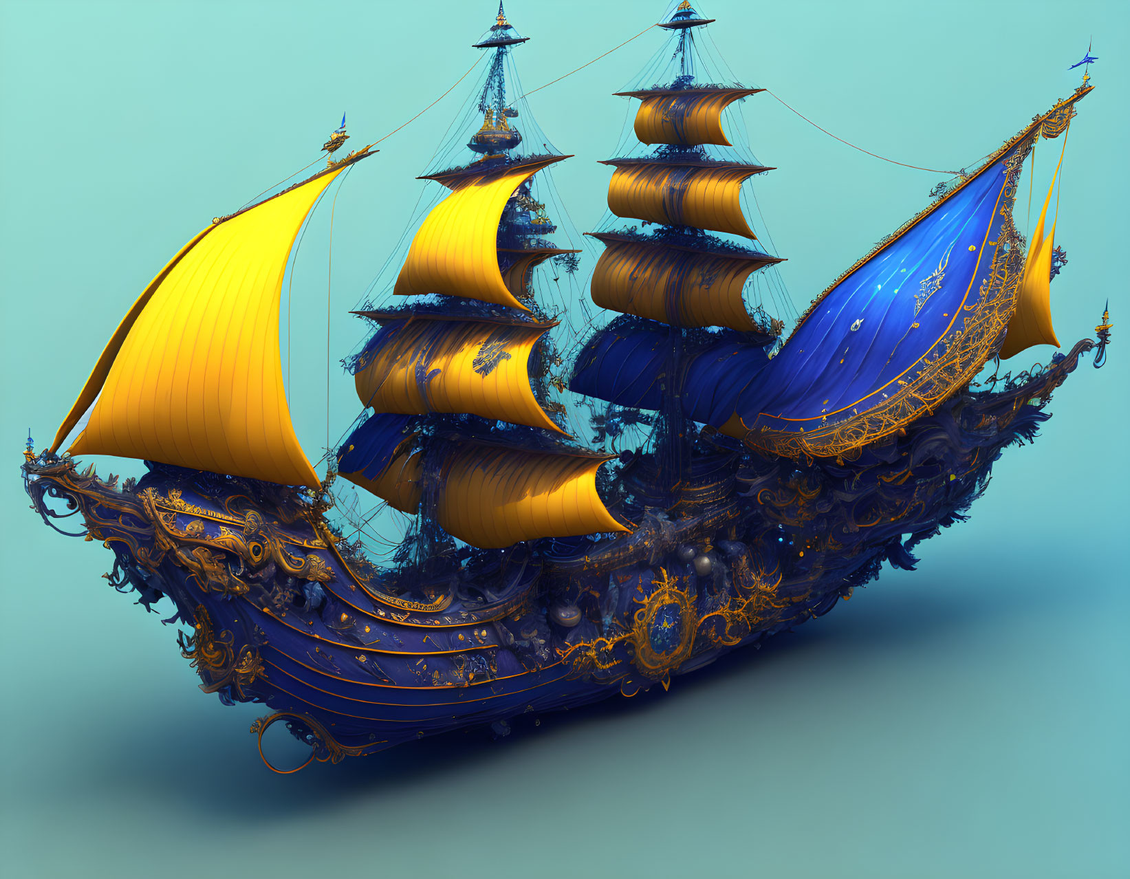 Elaborate Golden Ship with Blue Sails on Teal Background