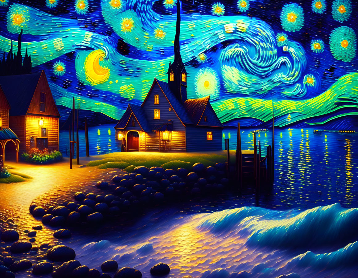 Vibrant digital painting: Lakeside village at night