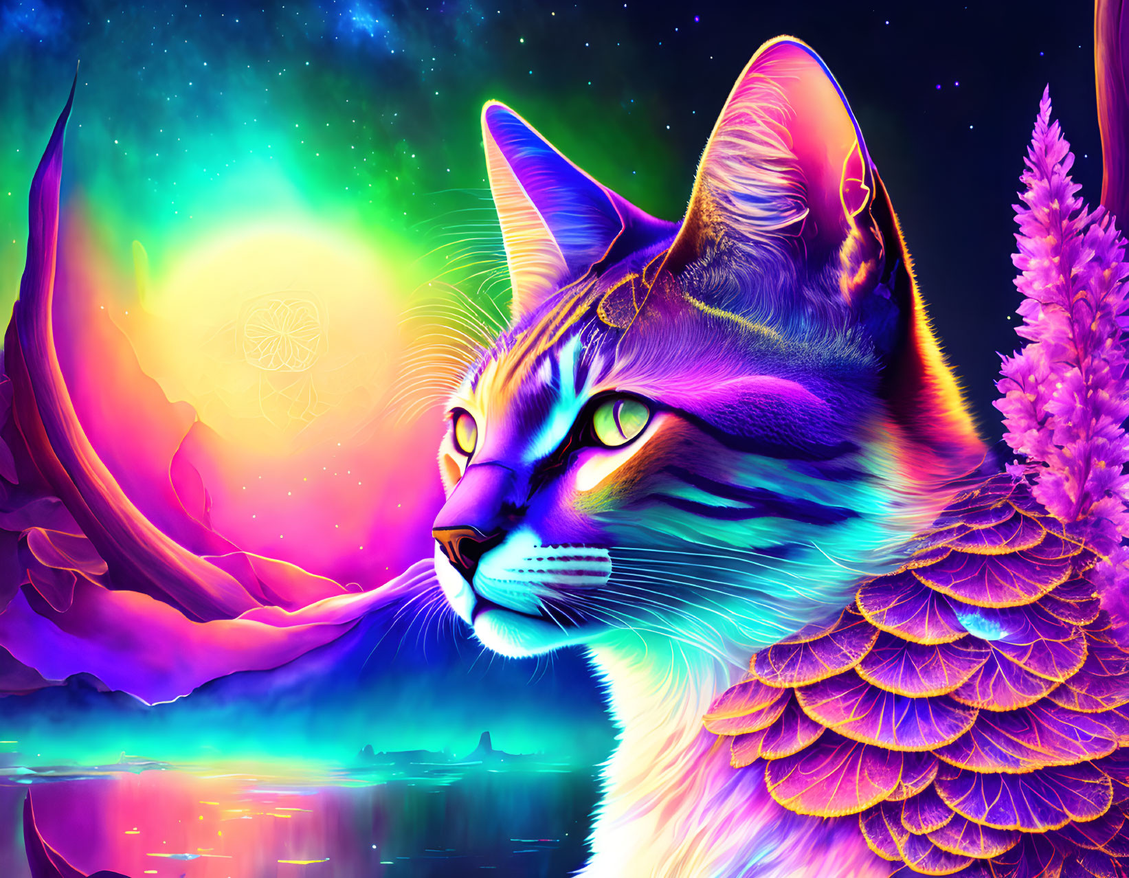 Colorful winged cat art with cosmic backdrop: moon, sun, water