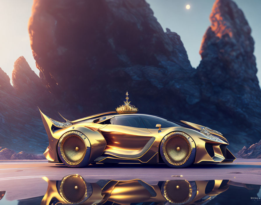 Golden futuristic sports car with crown on glossy surface against rocky cliffs and dusky sky