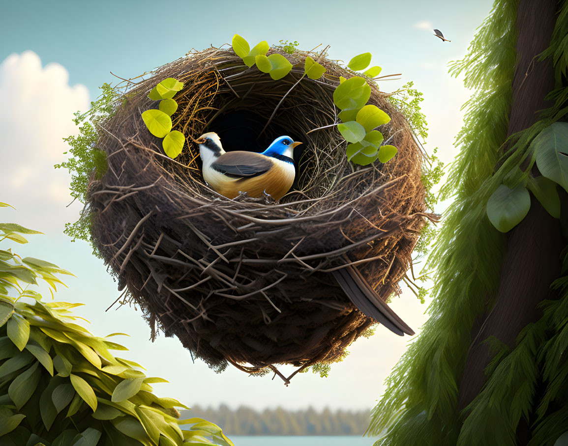 Colorful bird in circular nest on tree with serene landscape