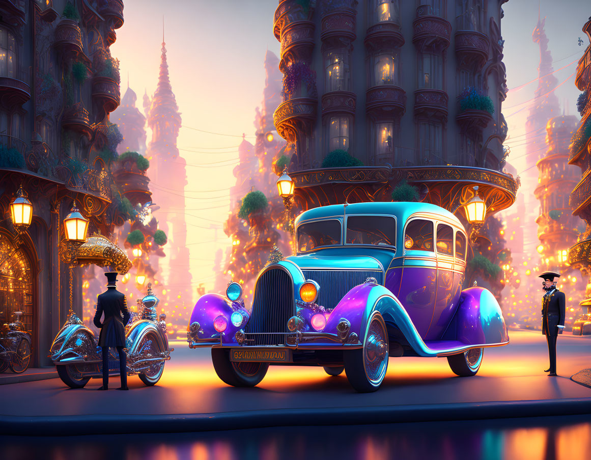 Retro-futuristic cityscape with vintage car, motorcycle, and stylized characters