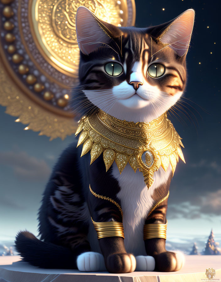 Regal cat adorned with golden jewelry in mystical setting