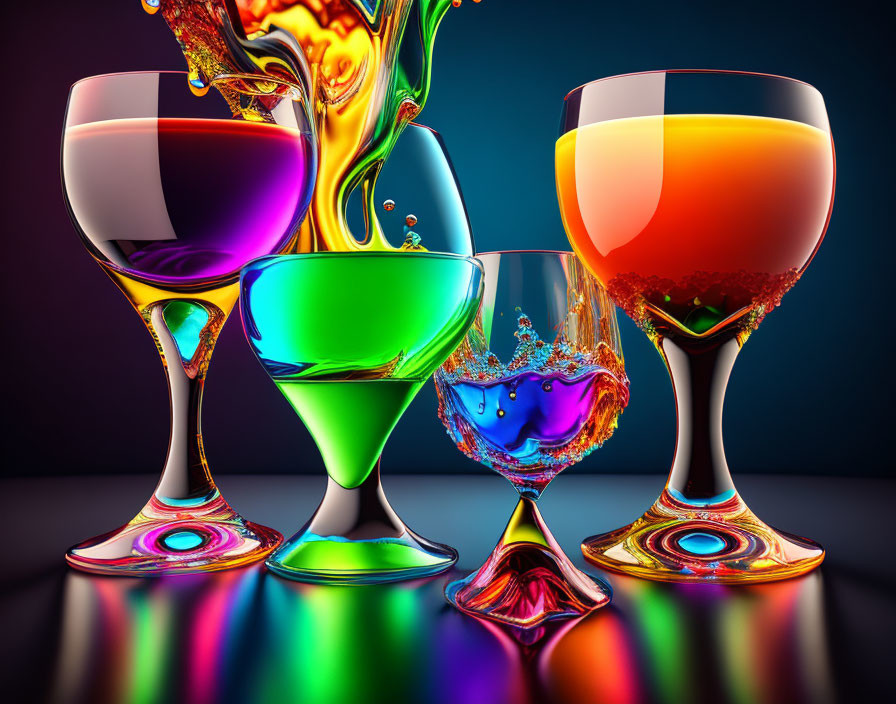 Vibrant liquids pouring into cocktail glasses on reflective surface