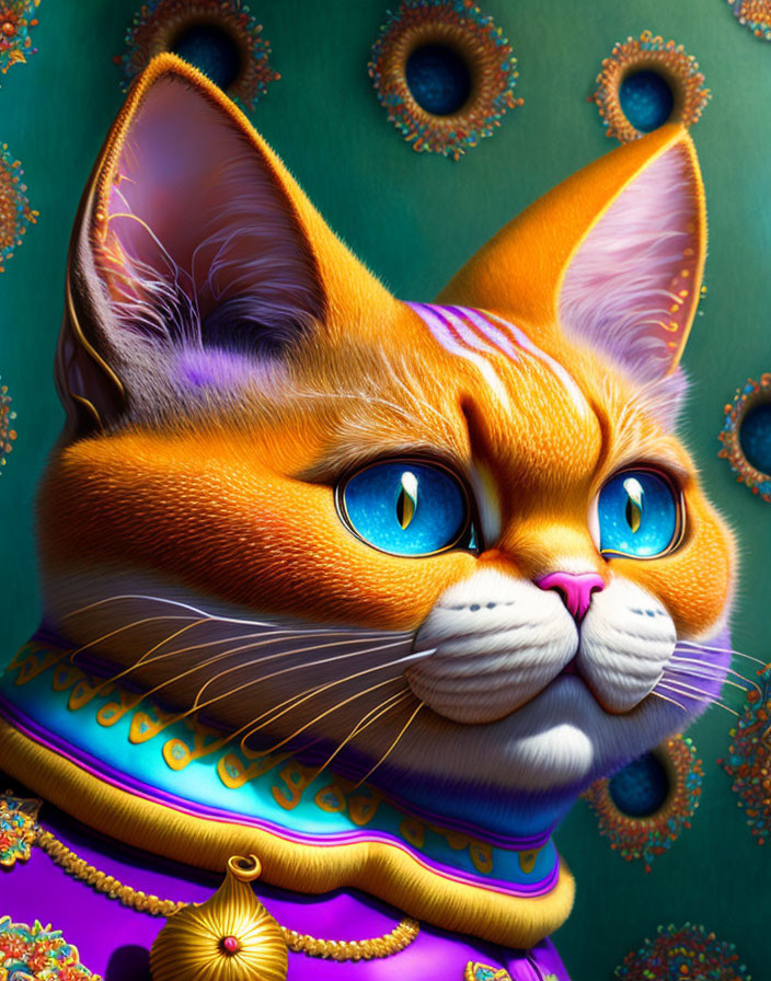 Colorful Illustration of Orange Cat with Blue Eyes in Jeweled Attire on Teal Background