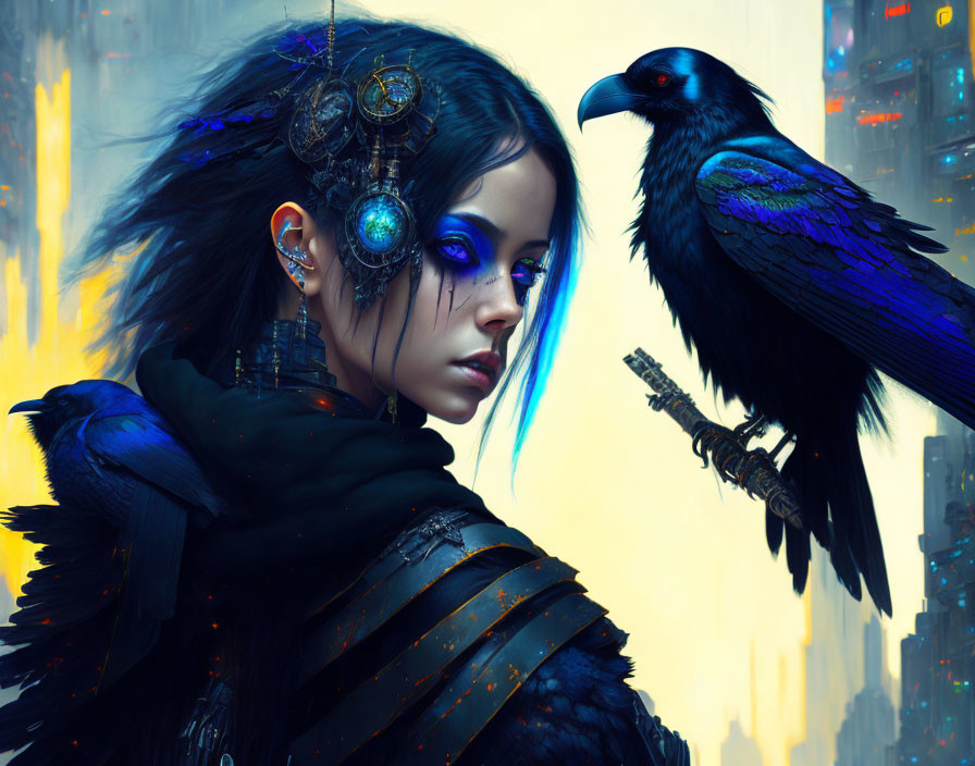 Cyberpunk woman with blue makeup and ornate headgear beside a raven in neon-lit