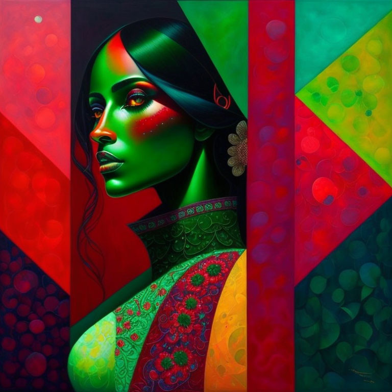 Colorful portrait of woman in traditional attire with green skin against geometric backdrop