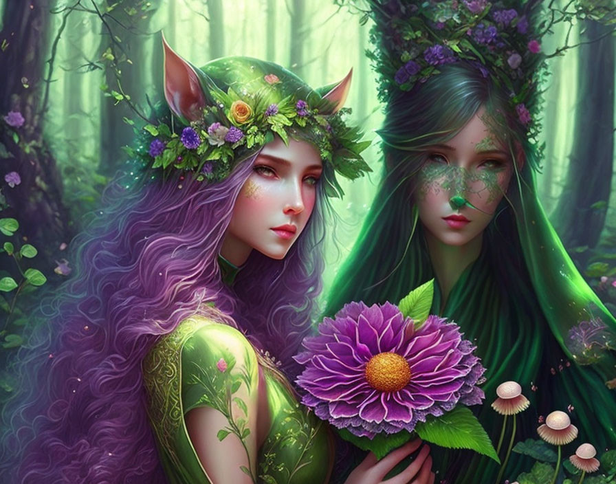 Ethereal female figures with pointed ears in mystical forest scene