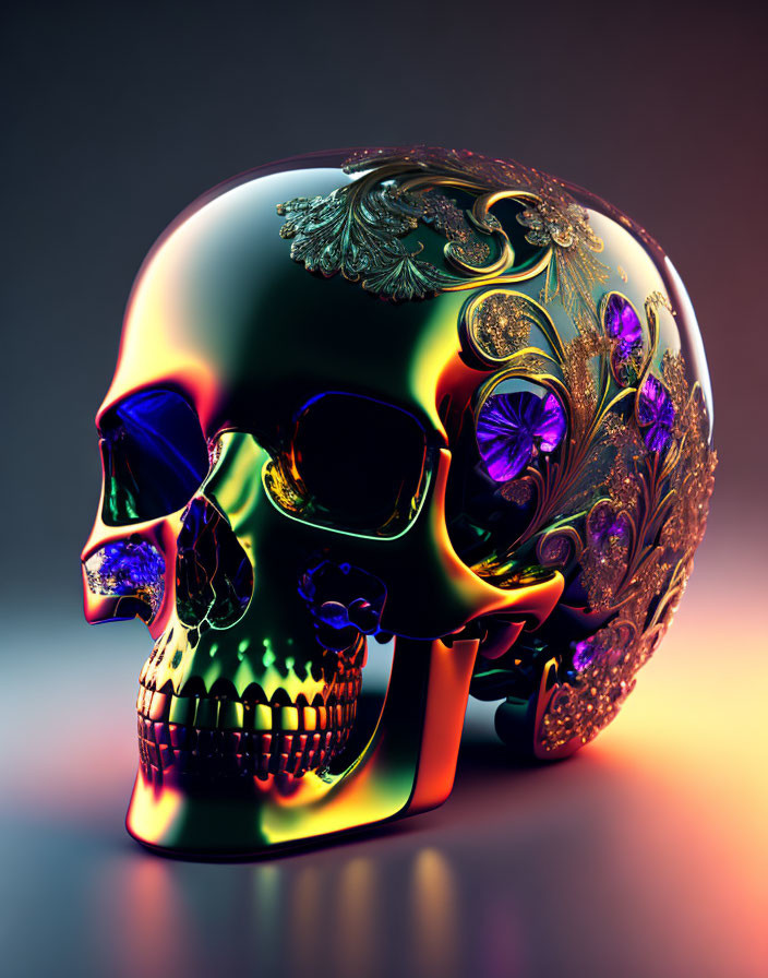 Colorful Metallic Skull with Floral Patterns on Gradient Background