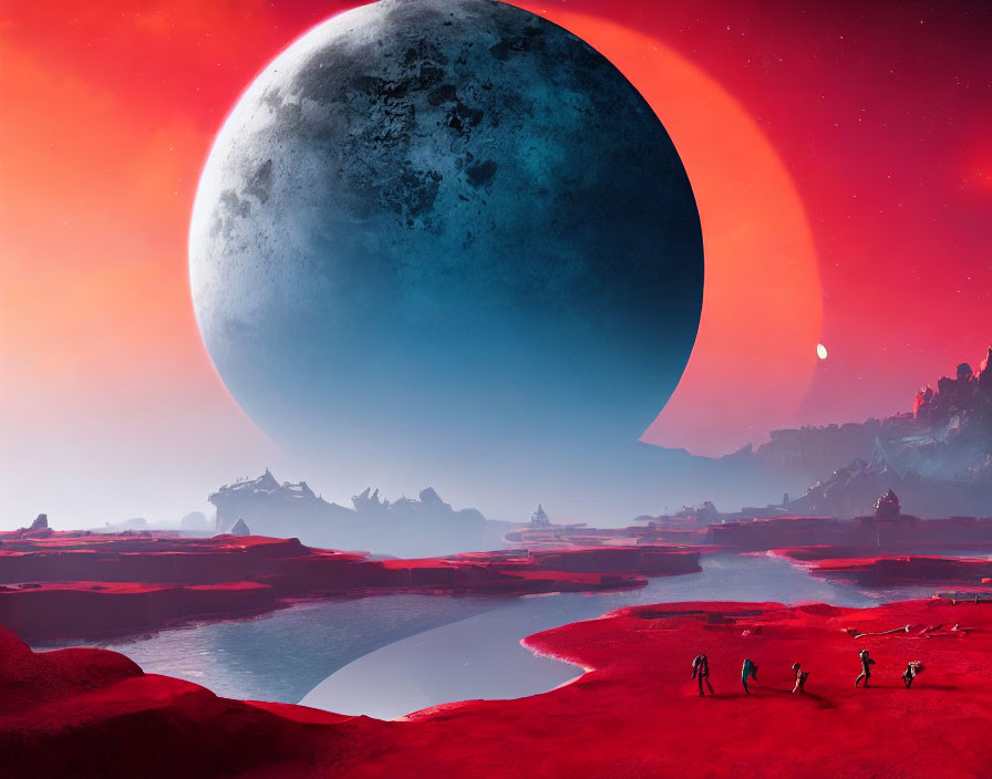 Sci-fi landscape with human figures under large blue moon in crimson sky