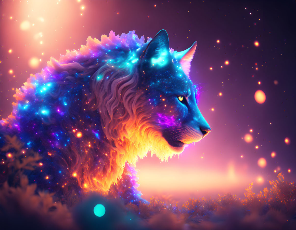 Colorful cosmic wolf illustration on starry background