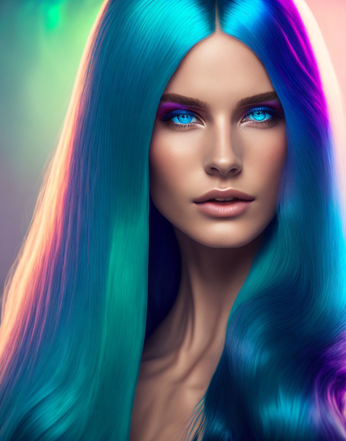 Vibrant digital portrait of a woman with blue-to-purple gradient hair and intense blue eyes