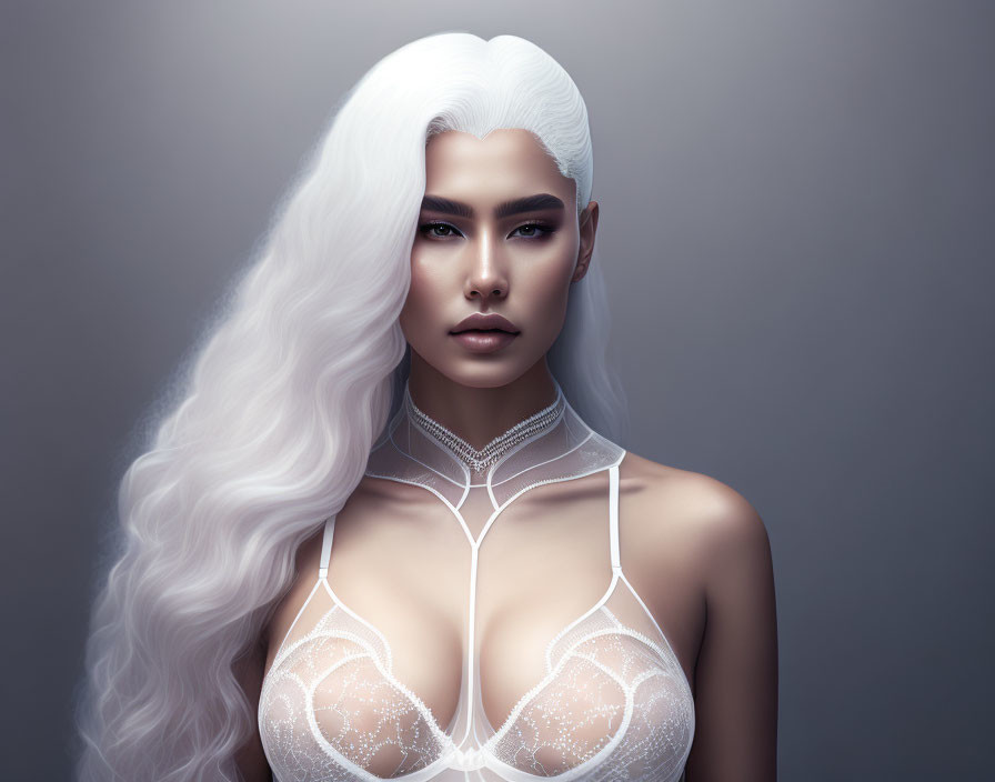 White-haired woman in detailed choker and lingerie against grey backdrop