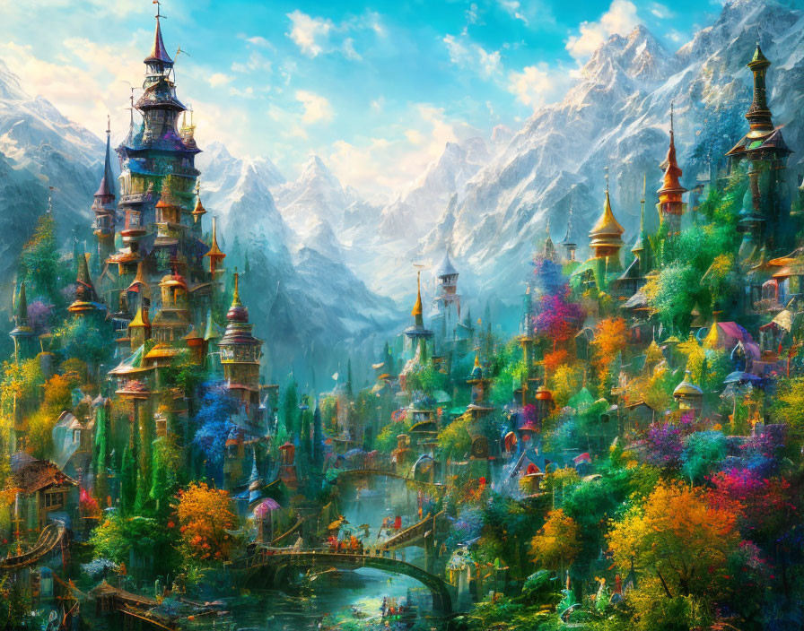 Colorful fantasy landscape with ornate towers, lush foliage, river, and mountains.