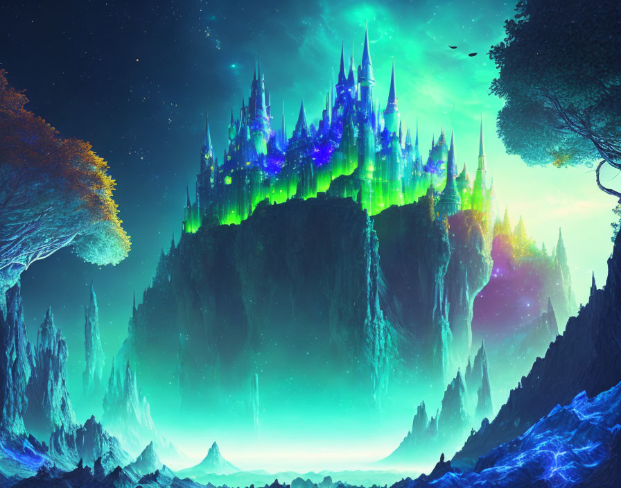 Neon-lit castle on floating island with alien trees and bird in starry night sky