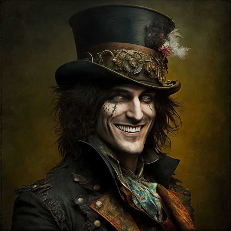 Person in Top Hat with Steampunk Style Smiling