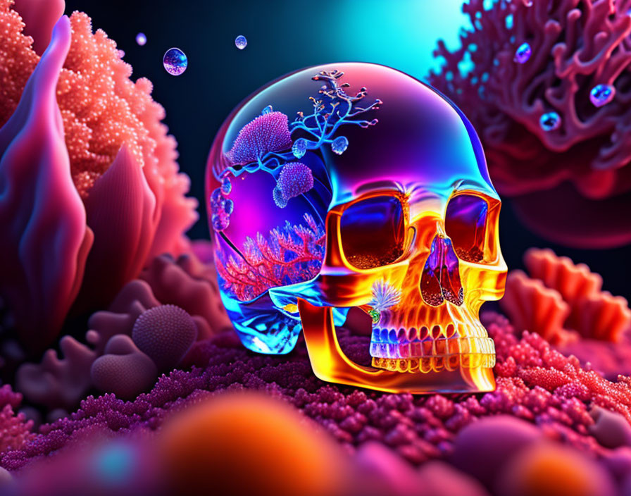 Colorful Transparent Skull with Coral Structures and Bubbles on Dark Background